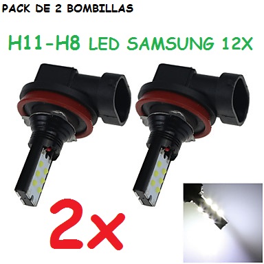 PACK DE 2 BOMBILLAS H8 - H9 - H11 - PGJ192 SAMSUNG LED 12x Voltaje: AC / DC 12-24V Tipo SMD : 12 LED de Samsung Color blanco 6000k 